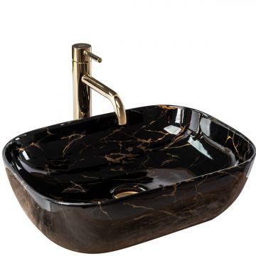 Lavoar cu efect de marmura pe blat REA Belinda 47 cm Negru lucios cu Auriu Lucios Lavoar cu efect de marmura pe blat REA Belinda 47 cm Negru lucios cu Auriu Lucios