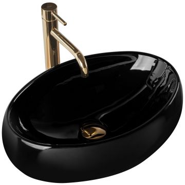 Lavoar pe blat ceramic Rea Linda Black  , 48.5 cm,  negru lucios