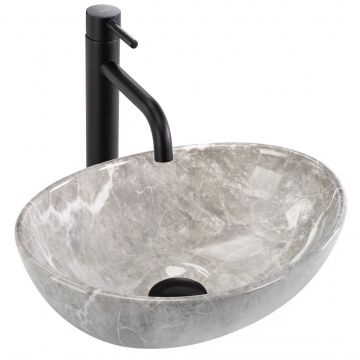 Lavoar baie pe blat oval 35 cm ceramic imitație piatră gri lucios – Rea Sofia Mini Grigio