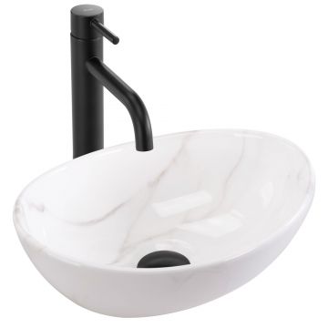 Lavoar baie pe blat oval 36 cm ceramic imitație piatră alb lucios – Rea Sofia Mini Cloudy