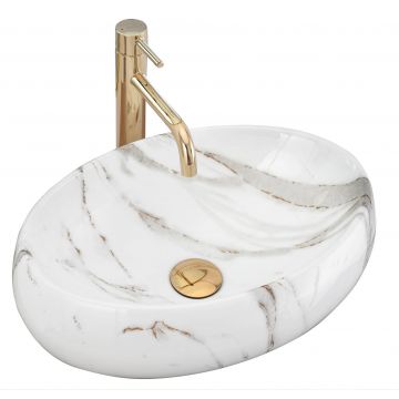 Lavoar baie pe blat oval 48,5 cm ceramică imitatie piatră alb mat – Rea Linda