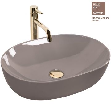 Lavoar baie pe blat oval 49 cm ceramic bej lucios – Rea Lisa Beige Shiny