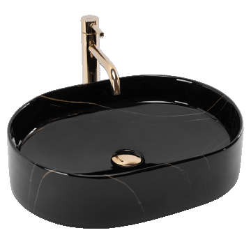 Lavoar baie pe blat oval 50 cm ceramic imitație piatră negru lucios – Rea Nadia 50 Black Stone