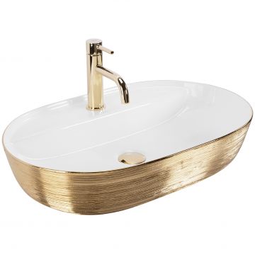 Lavoar baie pe blat oval 61 cm ceramic alb cu auriu periat – Rea Aura
