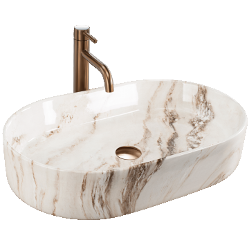 Lavoar baie pe blat oval 61 cm ceramic imitatie piatra maro lucios – Rea Nadia Marrone