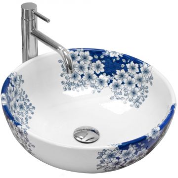 Lavoar ceramic pe blat Rea Fiori, 41 cm, alb cu flori