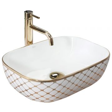 Lavoar pe blat, ceramic, Rea Belinda Diamond, 46.5 cm, alb/auriu