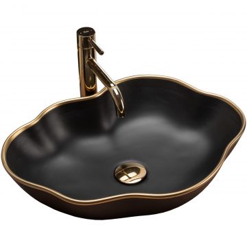 Lavoar pe blat, ceramic, Rea Pearl, 51.5 cm, negru cu margini aurii