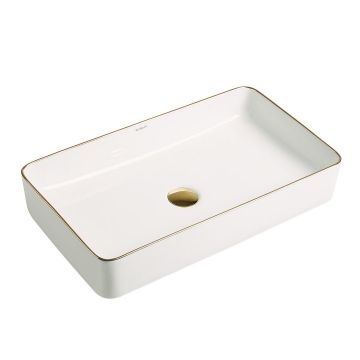 Lavoar de baie Allure, pe blat, dreptunghiular, din ceramica sanitara, 60 cm, alb lucios cu o linie aurie, Elysium