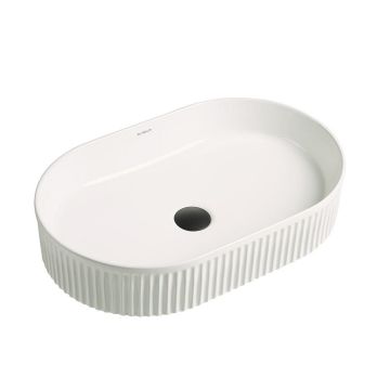 Lavoar de baie City, pe blat, oval, din ceramica sanitara, 57.5 cm, alb lucios cu riflaje, Elysium