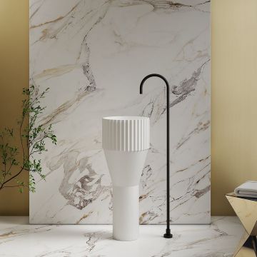 Lavoar de baie, freestanding, 36 cm, rotund, din compozit, alb mat, riflaje in partea superioara,, MonBlari