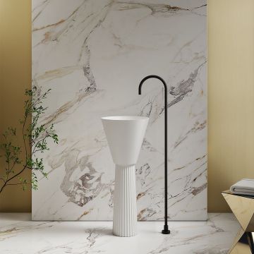 Lavoar de baie, freestanding, 38 cm, rotund, din compozit, alb mat, riflaje in partea inferioara, MonBlari