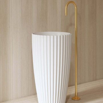 Lavoar de baie, freestanding, 50 cm, rotund, din compozit, alb mat, cu riflaje, MonBlari