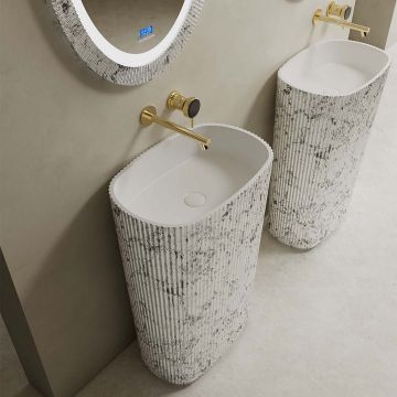 Lavoar de baie, freestanding, 55 cm, oval, din compozit, alb/gri cu riflaje, MonBlari