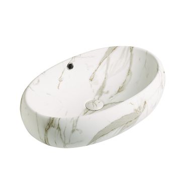 Lavoar de baie Granada, pe blat, oval, din ceramica sanitara, 60 cm, imitatie maramura Calacatta Oro, Elysium Lavoar de baie Granada, pe blat, oval, din ceramica sanitara, 60 cm, imitatie maramura Calacatta Oro, Elysium