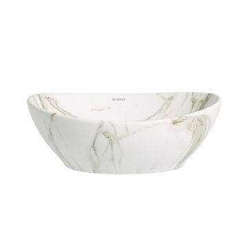 Lavoar de baie Inari, pe blat, oval, din ceramica sanitara, 41 cm, imitatie marmura Calacatta oro, Elysium