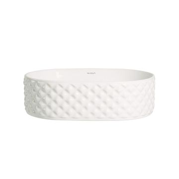 Lavoar de baie Irina, pe blat, oval, din ceramica sanitara, 45 cm, alb lucios cu model decorativ, Elysium