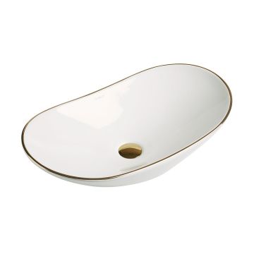 Lavoar de baie Lleida, pe blat, oval, din ceramica sanitara, 61.5 cm, alb lucios cu margini aurii, Elysium Lavoar de baie Lleida, pe blat, oval, din ceramica sanitara, 61.5 cm, alb lucios cu margini aurii, Elysium