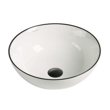 Lavoar de baie Loire, pe blat, rotund, din ceramica sanitara, 41.5 cm, alb lucios cu margini negre, Elysium Lavoar de baie Loire, pe blat, rotund, din ceramica sanitara, 41.5 cm, alb lucios cu margini negre, Elysium