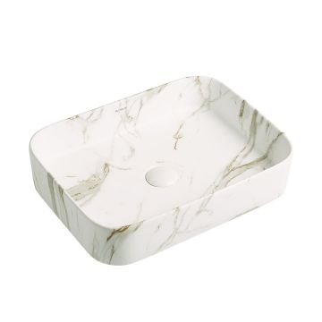 Lavoar de baie Mondego, pe blat, dreptunghiular, din ceramica sanitara, 50.5 cm, imitatie marmura, Elysium