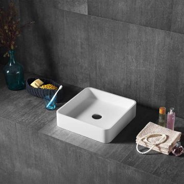 Lavoar de baie, pe blat, 400x400x100 mm, patrat, din compozit, alb mat, MonBlari