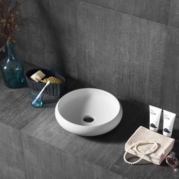 Lavoar de baie, pe blat, 400x400x110 mm, rotund, curbe fluide, din compozit, alb mat, MonBlari