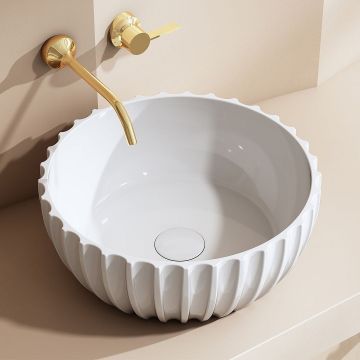 Lavoar de baie, pe blat, 400x400x160 mm, rotund, cu riflaje, din compozit, alb lucios, MonBlari