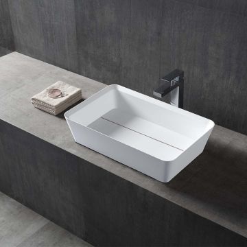 Lavoar de baie, pe blat, 500x350x120 mm, dreptunghiular, cu margini rotunjite, cu drenaj ascuns, din compozit, alb mat, MonBlari