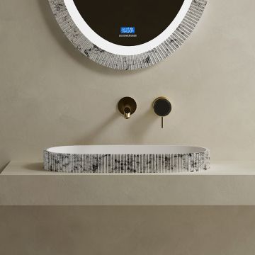 Lavoar de baie pe blat, 55 cm, oval, din compozit, alb/gri, finisaj riflat, MonBlari