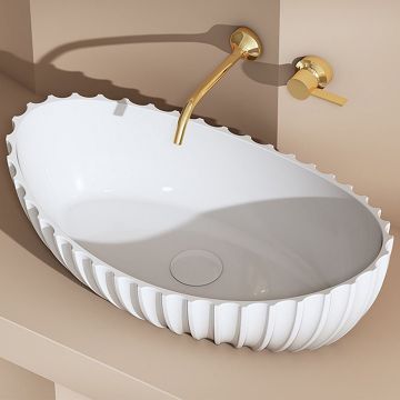 Lavoar de baie, pe blat, 600x350x190 mm, oval, cu riflaje, din compozit, alb mat, MonBlari