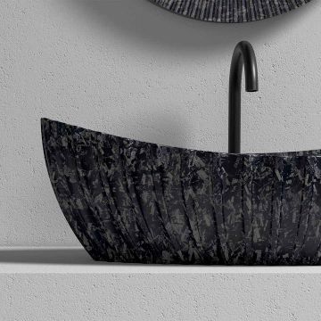 Lavoar de baie pe blat, 60x35 cm, oval cu margini alungite, din fibra de carbon, negru, finisaj mat, MonBlari