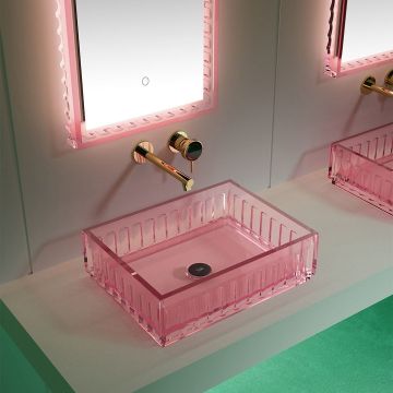 Lavoar de baie pe blat, dreptunghiular, din rasina, 50 cm, roz transparent, finisaj mat, MonBlari