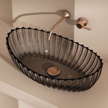 Lavoar de baie, pe blat, oval, 600x350x190 mm, margini inaltate, cu riflaje, din rasina, gri transparent, MonBlari