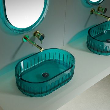 Lavoar de baie pe blat, oval, din rasina, 56 cm, albastru transparent, finisaj mat, MonBlari