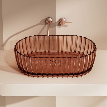 Lavoar de baie, pe blat, ovala, 600x350x160 mm, cu riflaje, din rasina, caramiziu transparent, MonBlari