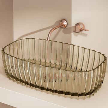 Lavoar de baie, pe blat, ovala, 600x350x160 mm, cu riflaje, din rasina, roz transparent, MonBlari