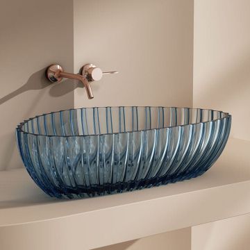 Lavoar de baie, pe blat, ovala, 600x400x160 mm, cu riflaje, din rasina, albastru transparent, MonBlari