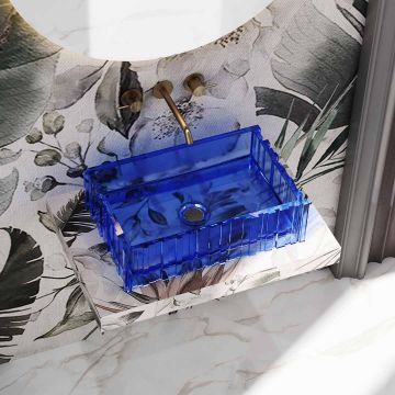 Lavoar de baie pe blat, patrat, 40x40x12 cm, din rasina, albastru transparent, finisaj mat, MonBlari