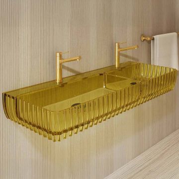 Lavoar de baie, pe perete, 100 cm, dreptunghiular, 2 cuve, din rasina, galben lucios, MonBlari