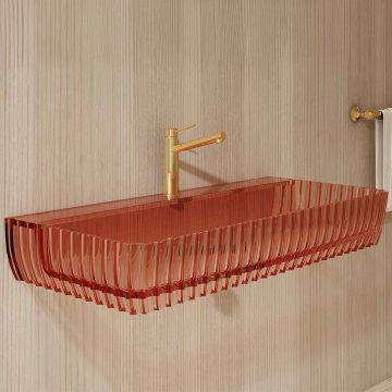 Lavoar de baie, pe perete, 120 cm, dreptunghiular, cu colturi rotunjite, din rasina, roz transparent, MonBlari