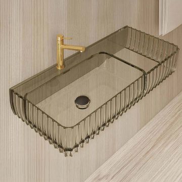 Lavoar de baie, pe perete, 80 cm, dreptunghiular, cu spatiu de depozitare, din rasina, gri transparent, MonBlari