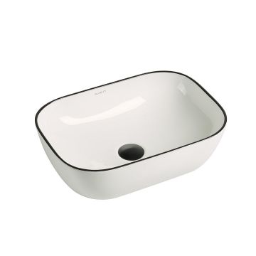 Lavoar de baie Soria, pe blat, dreptunghiular, cu margini rotunjite, din ceramica sanitara, 45.5 cm, alb lucios cu o linie neagra, Elysium