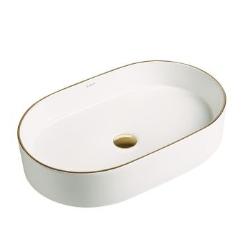 Lavoar de baie Vela, pe blat, oval, din ceramica sanitara, 60 cm, alb lucios cu linie aurie, Elysium