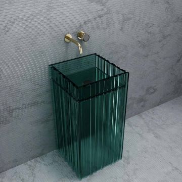 Lavoar freestanding, patrat, din rasina, turcoaz transparent, 45 cm, finisaj mat, MonBlari
