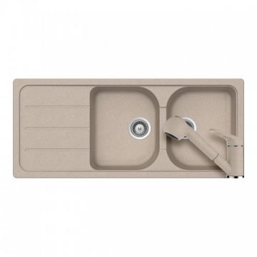 Chiuveta Bucatarie De Granit Cu Doua Cuve - Schock FORMHAUS D-200 + baterie COSMO Extensibila - Culoare Sabbia