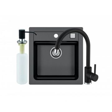 Set chiuveta Alveus Atrox 20 negru + baterie Kati negru + dozator - Dimensiune 470x390