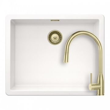 Set chiuveta bucatarie Schock Greenwich N-100 L alb polar cu parti vizibile si baterie bucatarie Schock Kavus cu cap extractibil - Culoare white gold