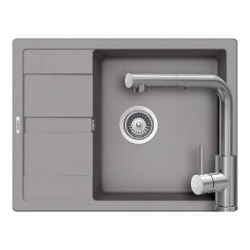 Set chiuveta bucatarie Schock Ronda D-100L + baterie Schock Kantus cu cap extractibil + cos scurgere ajustabil cadou - Culoare croma