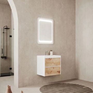 Set Mobilier Fluminia Fiori 60cm suspendat cu sertare soft close, alb+stejar auriu + lavoar 60 compozit - Dimensiune 60 cm