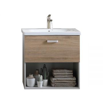 Set mobilier si lavoar din ceramica sanitara Kolpasan, Evelin, 1 sertar, 65 cm, stejar gri / gray oak